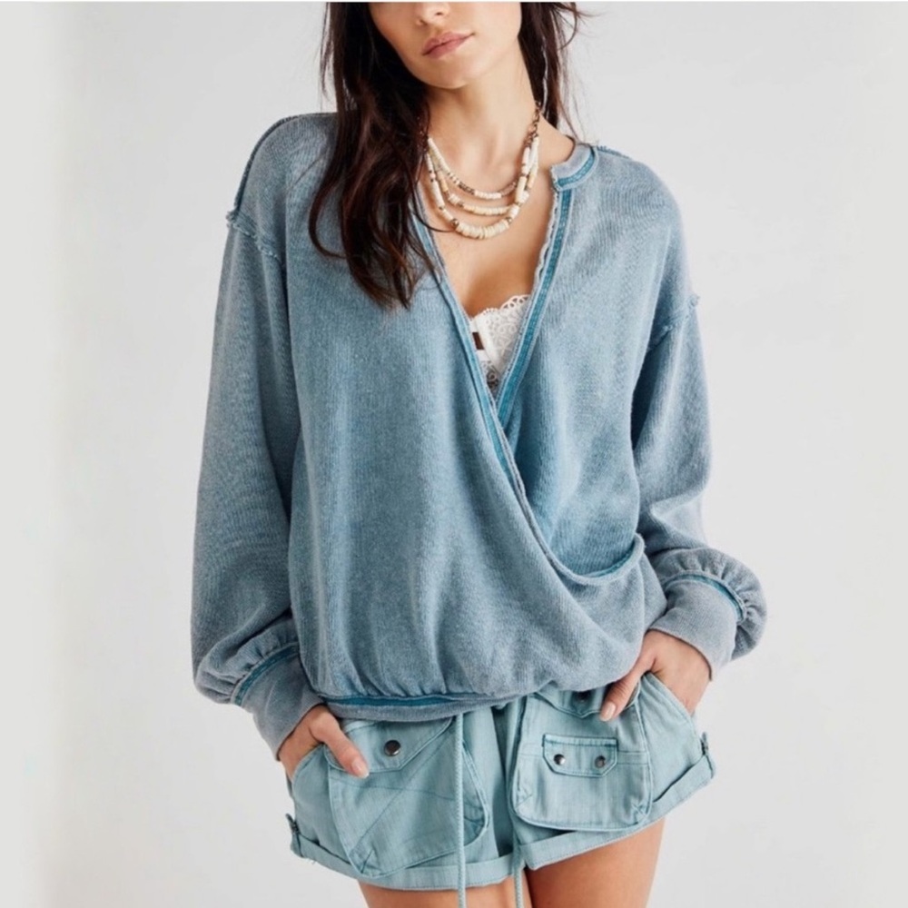 We The Free Light Blue Draped Pullover Sweater